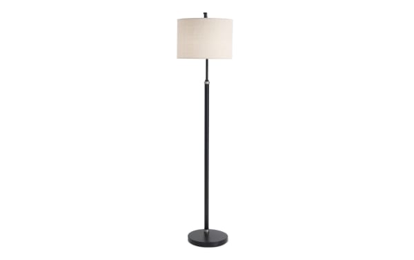 Hunter 59.4'' blackened bronze adjustable arc floor lamp with beige linen drum shade, metal base, and swing-arm design for versatile lighting.