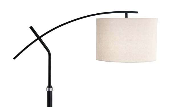Hunter 59.4'' Blackened Bronze Adjustable Arc Floor Lamp with beige linen drum shade, metal frame, and swing-arm design for versatile lighting.