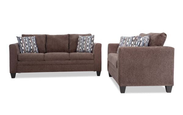 Stevie Brown 78'' Sofa and 65'' Loveseat set in brown polyester fabric, transitional style with flair arms, oversized seating, memory foam cushions, and patterned accent pillows.