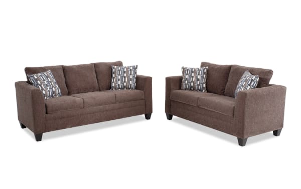 Stevie Brown 78'' Sofa and 65'' Loveseat set in brown polyester fabric, transitional style with flair arms, oversized seating, and patterned accent pillows.