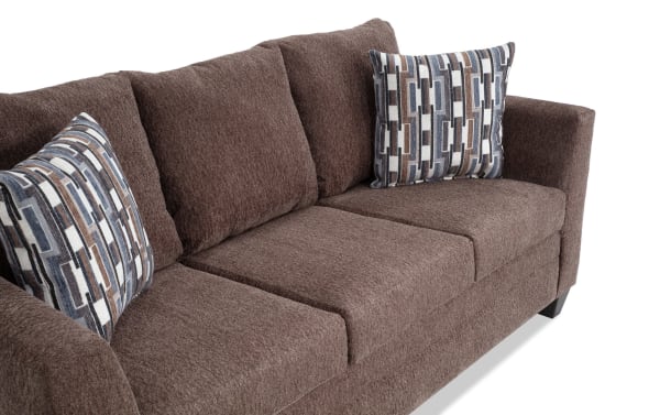 Stevie Brown 78'' Sofa with brown polyester fabric upholstery, transitional style, flair arms, oversized seating, and patterned accent pillows.