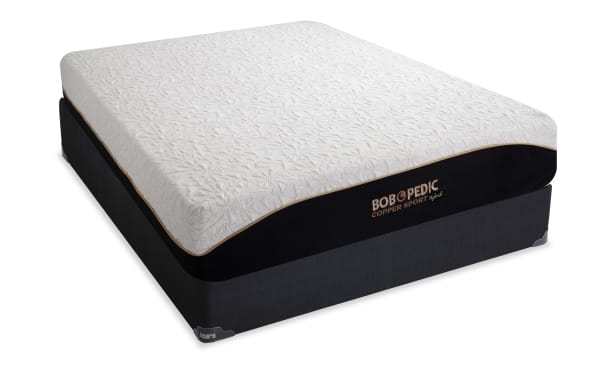 Copper Sport Hybrid 11.5'' Full Firm Standard Mattress Set by Bob-O-Pedic with cool-to-touch white cover, black sides, copper thread accents, and multi-layer hybrid foam for temperature regulation and firm support.