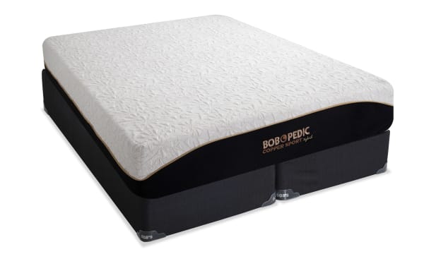 Copper Sport Hybrid 11.5'' King Firm Split Standard Mattress Set by Bob-O-Pedic with white textured cover, black sides, and copper thread accents for cooling and support.