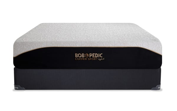 Copper Sport Hybrid 11.5'' Queen Plush Mattress Set by Bob-O-Pedic with white quilted top, black copper-threaded side panel, and dark gray base for temperature regulation and pressure relief.