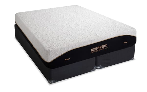 Copper Sport Hybrid 11.5" Queen Dual Split Mattress Set by Bob-O-Pedic with white textured cover, black sides, plush and firm firmness labels, and copper thread accents for cooling and pressure relief.