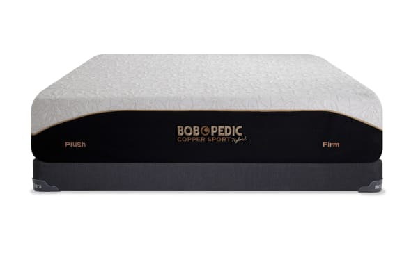 Copper Sport Hybrid 11.5'' Queen Dual Low Profile Mattress Set by Bob-O-Pedic, white quilted top with black sides labeled Plush and Firm, copper thread accents, temperature-regulating hybrid memory foam mattress.
