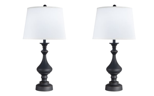 Set of 2 Ferris Blackened Bronze traditional table lamps with sturdy metal bases and white linen round shades, ideal for bedside or end tables.