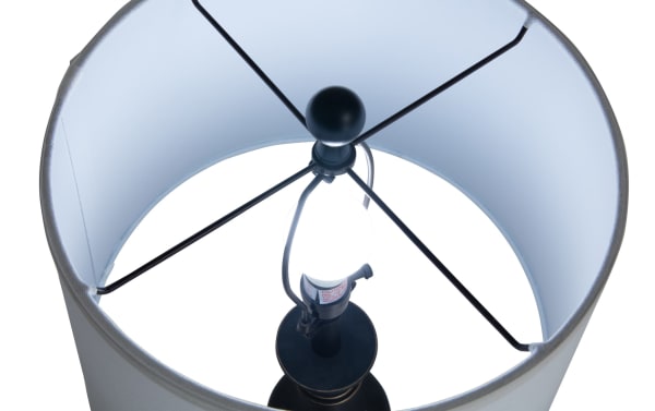 Traditional Ferris Blackened Bronze table lamp with sturdy metal base and white linen fabric round shade, ideal for bedside or end tables.