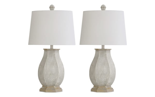 Set of 2 Montana Ivory rustic table lamps with distressed resin bases and white linen fabric shades, featuring USB and USB-C ports for device charging.