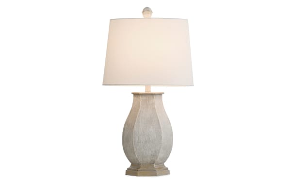 Rustic Montana Ivory Table Lamp with distressed resin base and white linen shade, featuring USB and USB-C charging ports for bedside use.