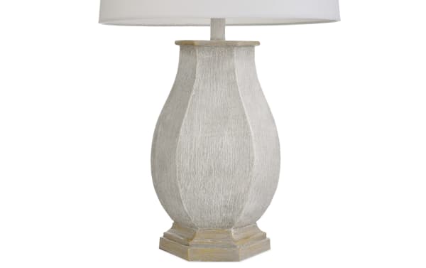 Rustic Montana Ivory Table Lamp with distressed resin base and white linen shade, featuring USB and USB-C ports for convenient device charging.