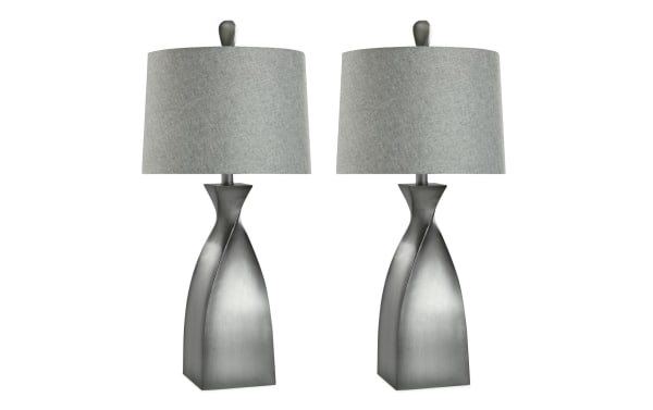 Set of 2 New Atlanta Gray Twist Table Lamps with gray resin twisted bases, linen fabric shades, transitional style, and built-in USB/USB-C charging ports.