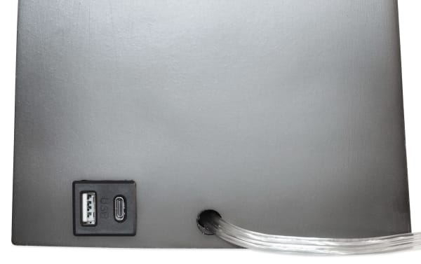 Gray resin base of New Atlanta Gray Twist Table Lamp with built-in USB and USB-C charging ports, featuring a transitional style and linen fabric shade.