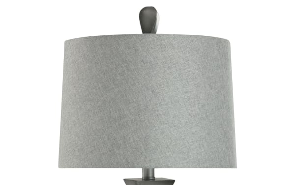 New Atlanta Gray Twist Table Lamp in gray resin with a linen fabric shade, transitional style, featuring a twisted finial top and USB/USB-C charging ports.