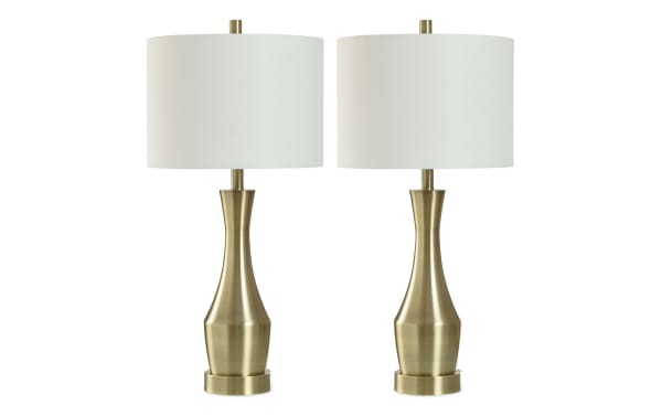 Set of 2 Rayna Brass Table Lamps with sleek, slender brass metal bases and white linen fabric drum shades in transitional style, featuring USB and USB-C charging ports.