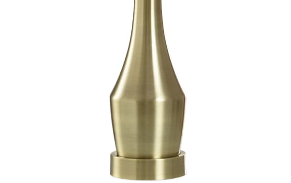 Brushed brass base of Rayna Brass Table Lamp with sleek, slender transitional design in metal and white linen fabric, featuring USB and USB-C ports.