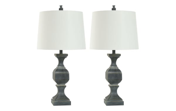 Set of 2 Bolton Gray transitional table lamps with sculptural resin bases in gray finish and white linen fabric shades, featuring USB and USB-C charging ports.