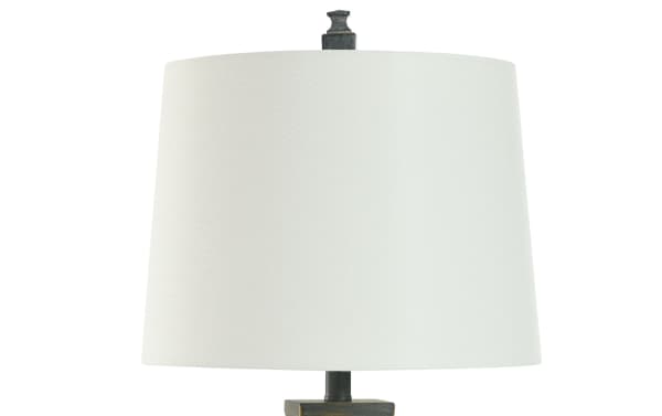 Transitional Bolton Gray Table Lamp with white linen fabric shade and resin base, featuring USB and USB-C charging ports for bedside convenience.