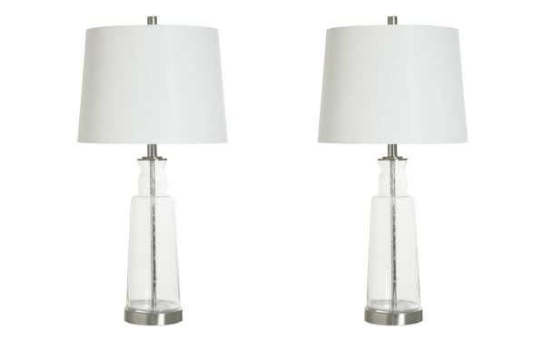 Set of 2 Anders Clear Seeded Glass Table Lamps with white linen shades, rustic chrome bases, and built-in USB/USB-C charging ports.