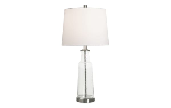 Rustic Anders Clear Seeded Glass Table Lamp with white linen shade, chrome base, and USB/USB-C ports for device charging, set of 2.