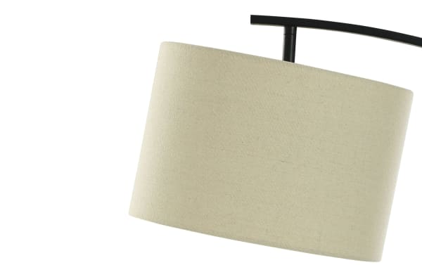 Contemporary beige linen drum lampshade with metal swing-arm in blackened bronze, part of Hunter Blackened Bronze & Gold Table Lamp set.