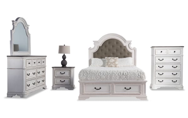 Scarlett 5 Piece King Bedroom Set in gray farmhouse style with white oak finish, upholstered fabric headboard, storage platform bed, dresser with mirror, nightstand with USB ports, and chest with cedar-lined drawers. Made of birch veneers, poplar solids, oak, MDF, and polyester fabric.