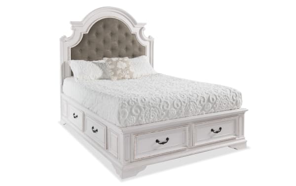 Scarlett farmhouse king storage platform bed in gray with tufted fabric polyester headboard, birch veneer and oak frame, featuring built-in drawers and antique brass handles.
