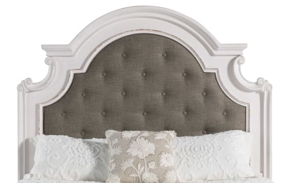 Scarlett farmhouse-style king bed with gray polyester fabric upholstery, tufted headboard, and white oak frame from the Scarlett bedroom set.