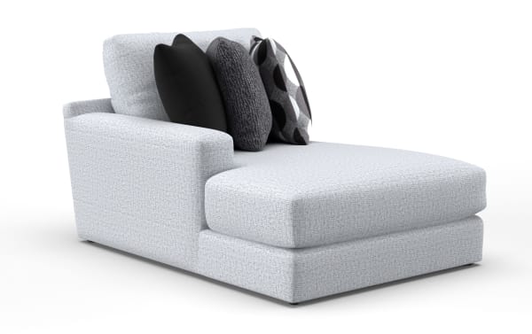 Modern light gray fabric chaise lounge with textured upholstery, featuring three decorative black and gray patterned cushions, ideal for living room seating.
