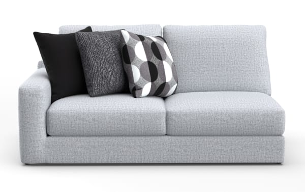 Modern light gray fabric loveseat sofa with three decorative black and gray patterned throw pillows, featuring a textured upholstery and clean lines.