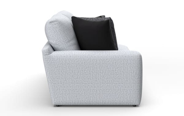 Modern light gray fabric sofa with textured upholstery, featuring rounded armrests and two decorative black throw pillows, shown from side view.