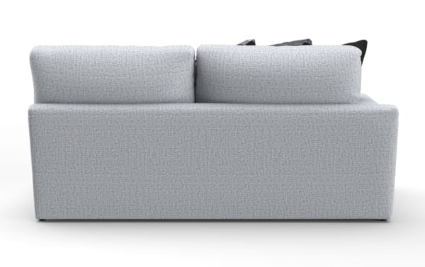 Modern light gray fabric loveseat sofa with clean lines, plush back cushions, and a minimalist design suitable for contemporary living spaces.
