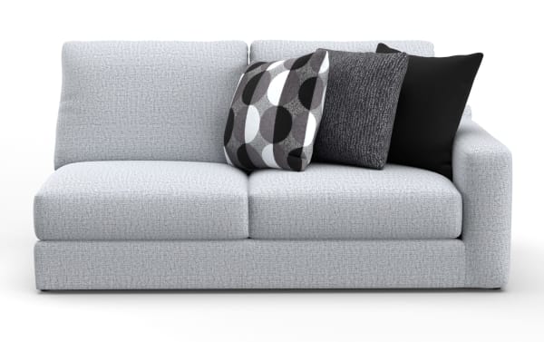 Modern light gray fabric loveseat with a textured pattern, featuring three decorative black and gray patterned throw pillows, ideal for contemporary living rooms.