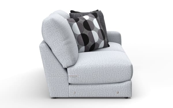 Modern light gray fabric loveseat with cushioned backrest and seat, featuring two decorative pillows in black, white, and gray geometric patterns.