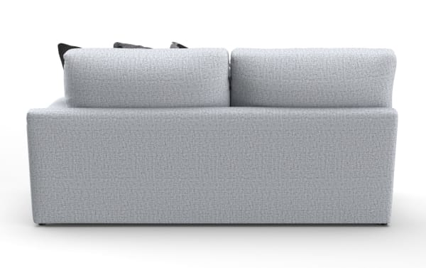 Modern light gray fabric sofa with two large back cushions and multiple decorative pillows, showcasing a clean, contemporary design.