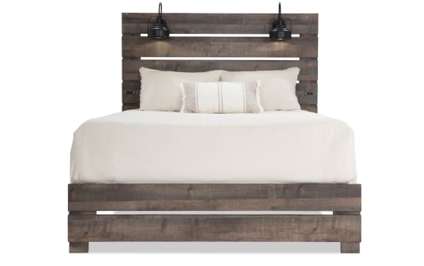 Foundry Queen Brown Storage Platform Bed with rustic paneled MDF and engineered wood grain, built-in black lamps, USB ports, farmhouse style.