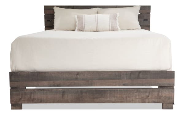 Foundry Queen Brown Storage Platform Bed with rustic paneled slat design, MDF engineered wood grain, built-in headboard lamps, and USB port.