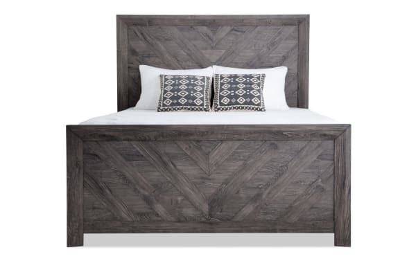 Calvin King Gray Panel Bed from Calvin Bedroom collection, transitional style with engineered wood grain, chevron design headboard and footboard.
