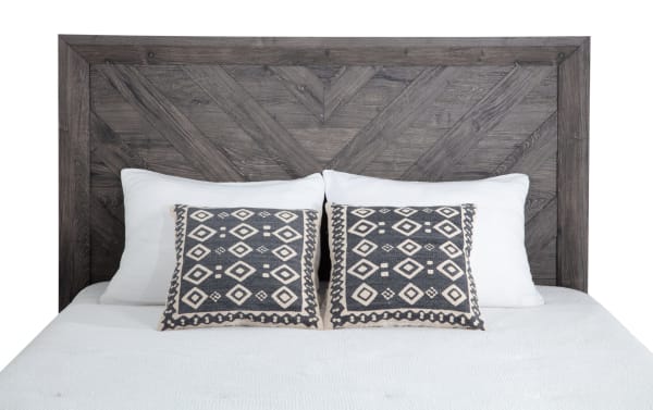 Calvin King Gray Panel Bed from Calvin Bedroom collection, transitional style with engineered wood grain, chevron headboard, and natural gray finish.