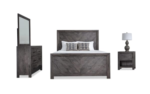 Calvin 4 Piece Twin Gray Panel Bedroom Set in transitional style with MDF, engineered wood grain, chevron headboard, footboard, dresser with mirror, nightstand, and gray finish.
