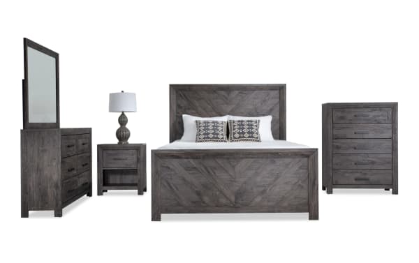Calvin 5 Piece Twin Gray Panel Bedroom Set with chevron headboard and footboard, gray engineered wood grain, transitional style, includes dresser, nightstand, and chest.