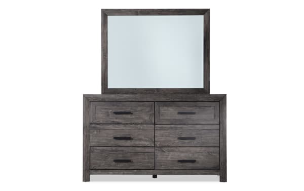 Calvin 5 Piece Twin Gray Panel Bedroom Set dresser with mirror, transitional style, gray engineered wood grain, six drawers with black handles, clean silhouette.