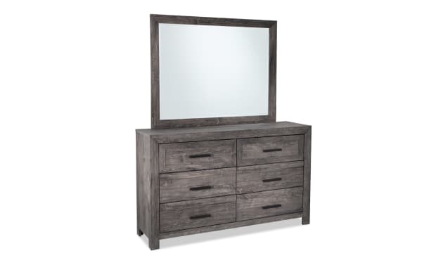 Gray MDF and engineered wood dresser with six drawers and matching framed mirror from the Calvin Bedroom transitional collection.