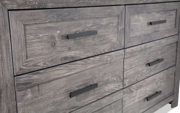 Gray Calvin 5 Piece Twin Bedroom Set dresser with MDF engineered wood grain, transitional style, black handles, and plank-style panel design.
