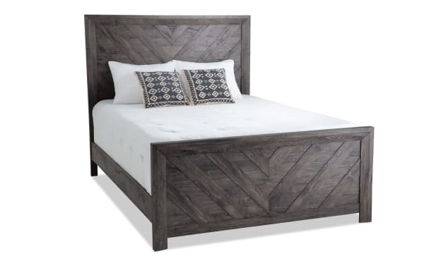 Calvin 5 Piece Queen Gray Panel Bed with chevron design, MDF engineered wood grain, transitional style, part of Calvin Bedroom Set.