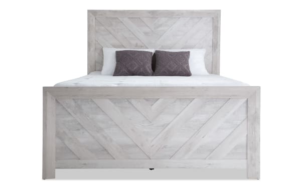 Calvin Twin White Panel Bed from Calvin Bedroom collection, transitional style with engineered wood grain, chevron design, and natural wood texture.