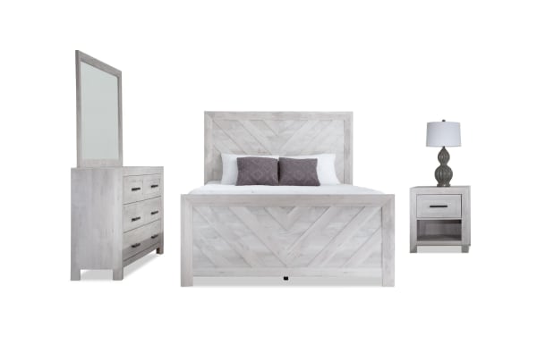 Calvin 4 Piece Twin White Panel Bedroom Set in transitional style, featuring MDF and engineered wood grain with chevron design on headboard and footboard, includes dresser with mirror, bed, and nightstand with lamp.