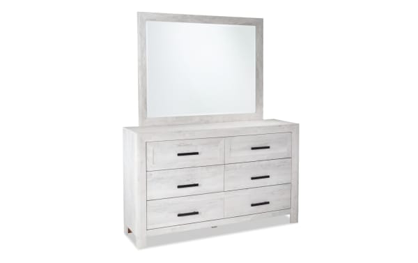 Calvin 4 Piece Twin White Panel Bedroom Set dresser with mirror, transitional style, MDF and engineered wood grain, whitewashed finish, black handles, clean silhouette.