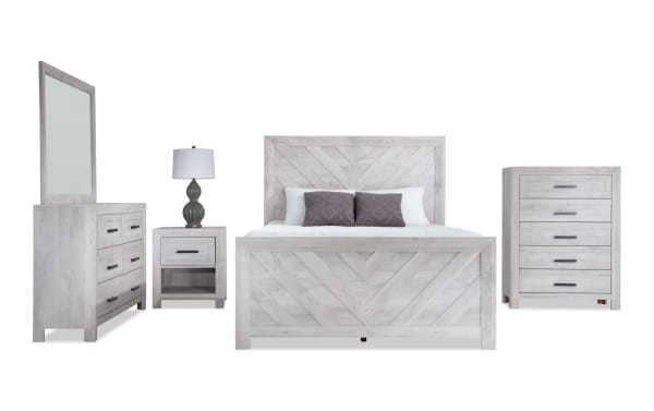 Calvin 5 Piece Twin White Panel Bedroom Set in transitional style, MDF and engineered wood grain, featuring chevron pattern bed, dresser, nightstand, and chest with ample storage.