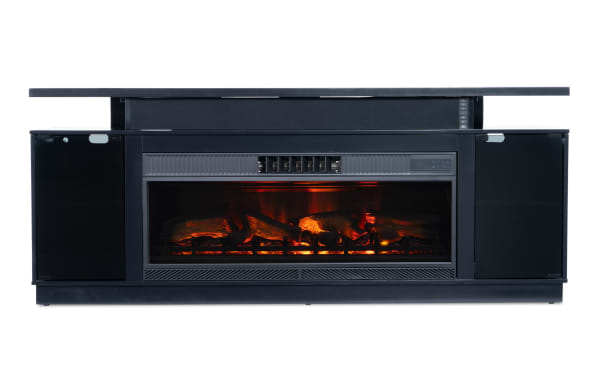Glow 72'' black contemporary electric fireplace and TV stand with metal frame, tempered glass top, infrared quartz fire effect, and built-in oscillating fan.
